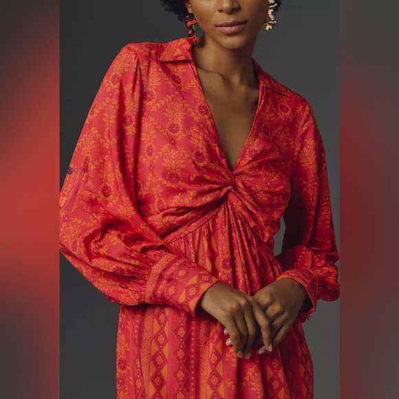 Farm Rio Long-Sleeve V-Neck Printed Tie-Front Midi Dress - Large - Picture 5 of 9